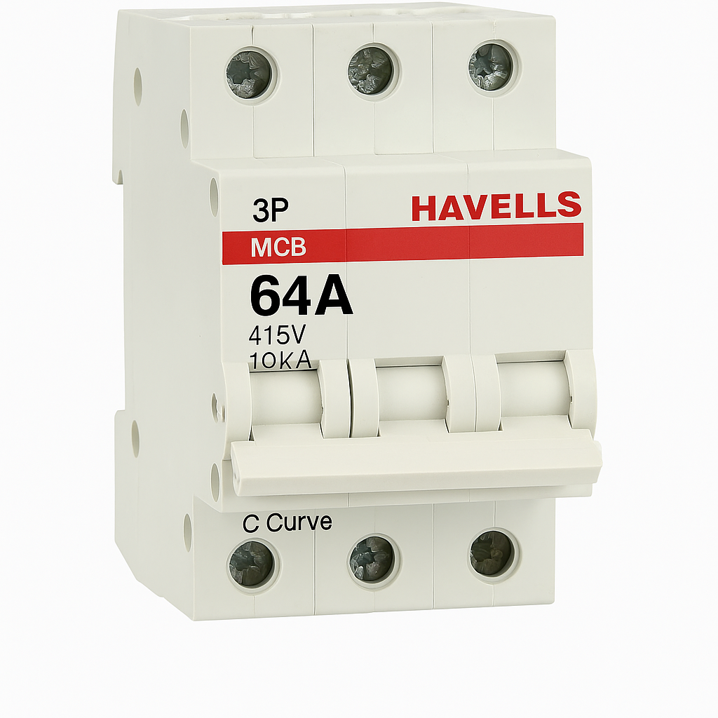 Havells AC MCB 64A | 3-Pole Miniature Circuit Breaker โ 415V / 10kA | C-Curve for Industrial & Commercial Use